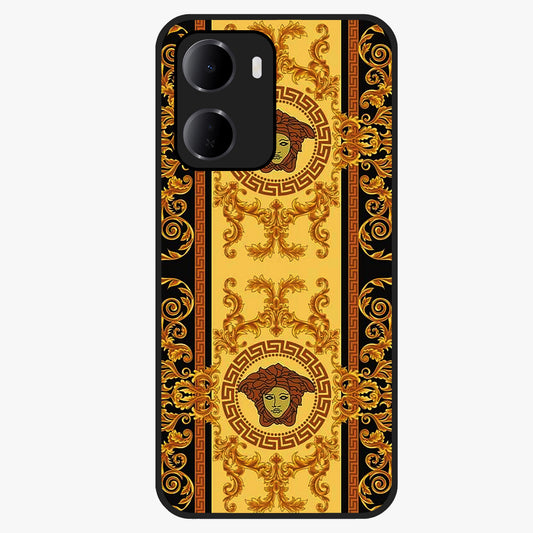 Golden Royal Heritage Glass Case showing flat back view with ornate royal pattern artwork and glossy glass finish.