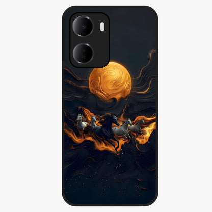Golden Stallion Moonride Glass Case showing flat back view with majestic horse under moonlight artwork and glossy glass finish.