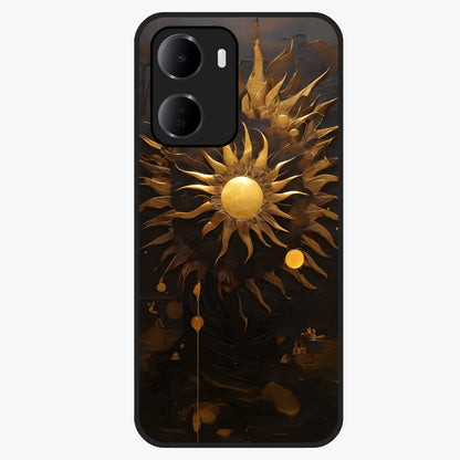 Golden Sun Majesty Glass Case showing flat back view with radiant golden sun artwork and glossy glass finish.