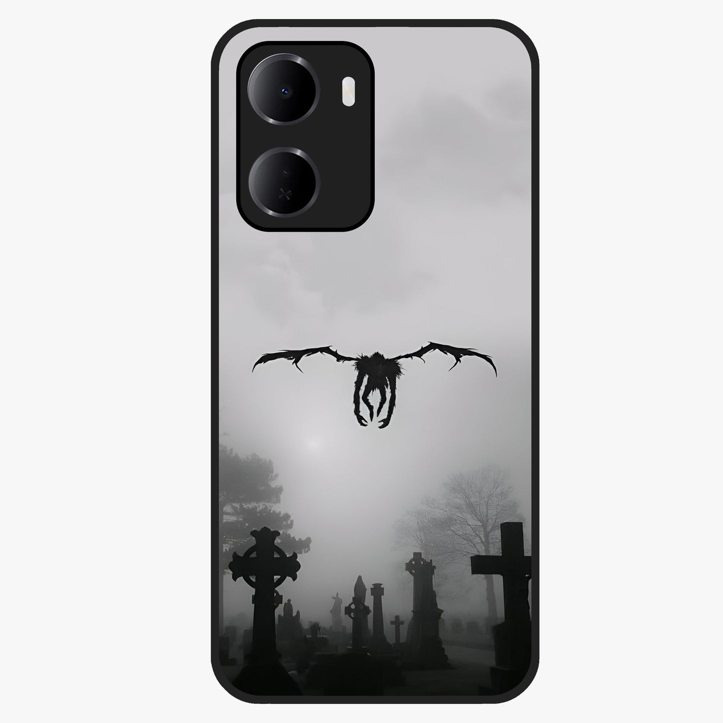 Graveyard Shadow Descent Glass Case showing flat back view with dark graveyard themed artwork and glossy glass finish.