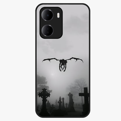 Graveyard Shadow Descent Glass Case showing flat back view with dark graveyard themed artwork and glossy glass finish.