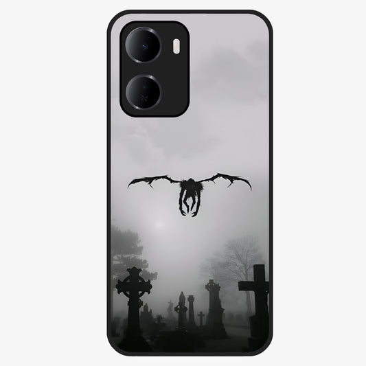 Graveyard Shadow Descent Glass Case showing flat back view with dark graveyard themed artwork and glossy glass finish.