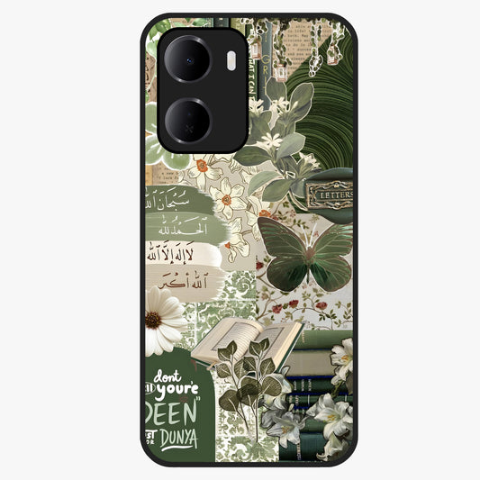 Green Islamic Books Quotes Glass Case showing flat back view with Islamic quotes and book themed artwork and glossy glass finish.