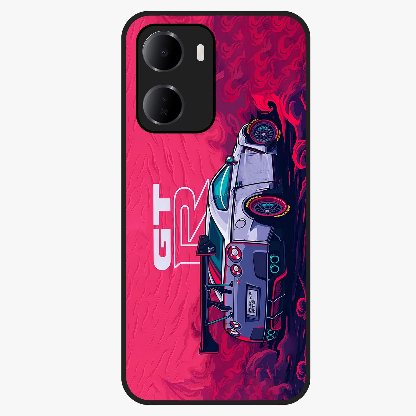 GT-R Car Pattern Glass Case showing flat back view with sporty car inspired pattern artwork and glossy glass finish.