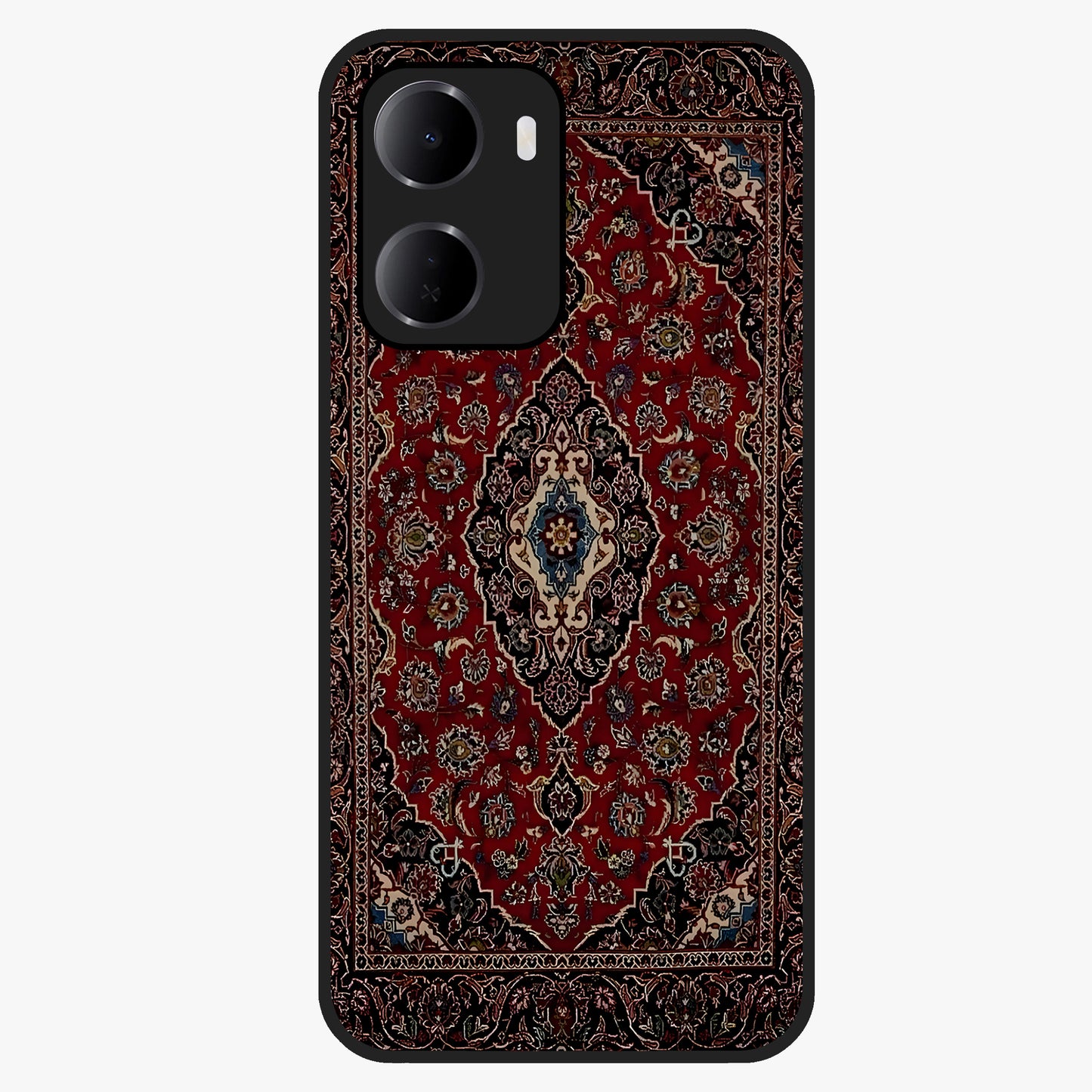 Heritage Carpet Royale Glass Case showing flat back view with ornate Persian carpet inspired pattern and glossy glass finish.