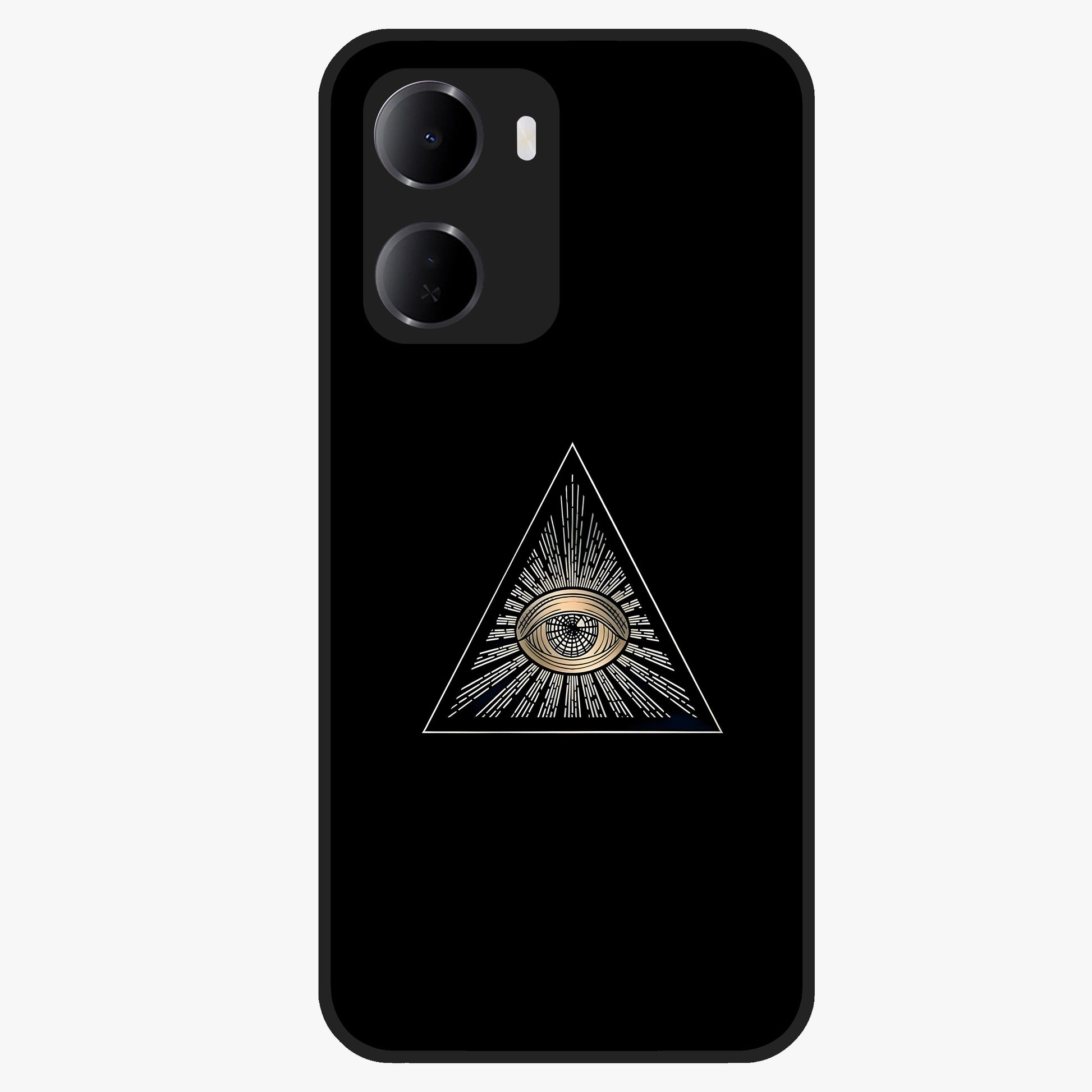 Illuminati Evil Glass Case showing flat back view with mysterious illuminati symbol artwork and glossy glass finish.