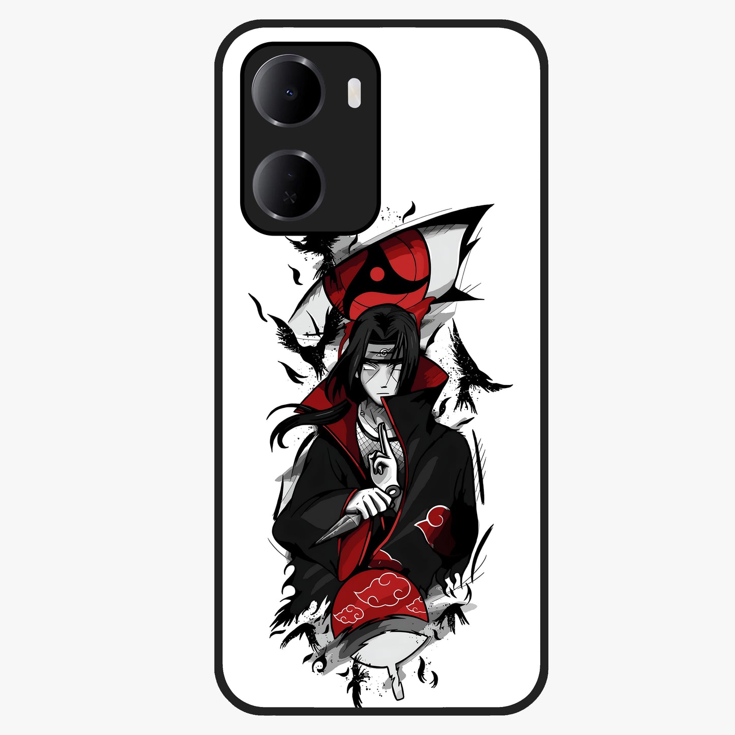Itachi Sharingan Glass Case showing flat back view with powerful anime eye artwork and glossy glass finish.