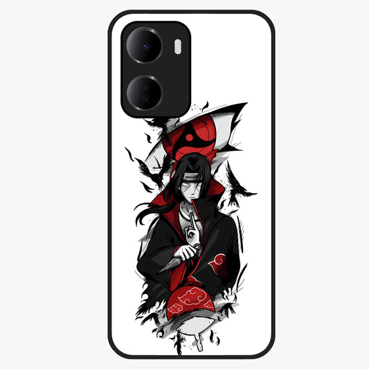 Itachi Sharingan Glass Case showing flat back view with powerful anime eye artwork and glossy glass finish.