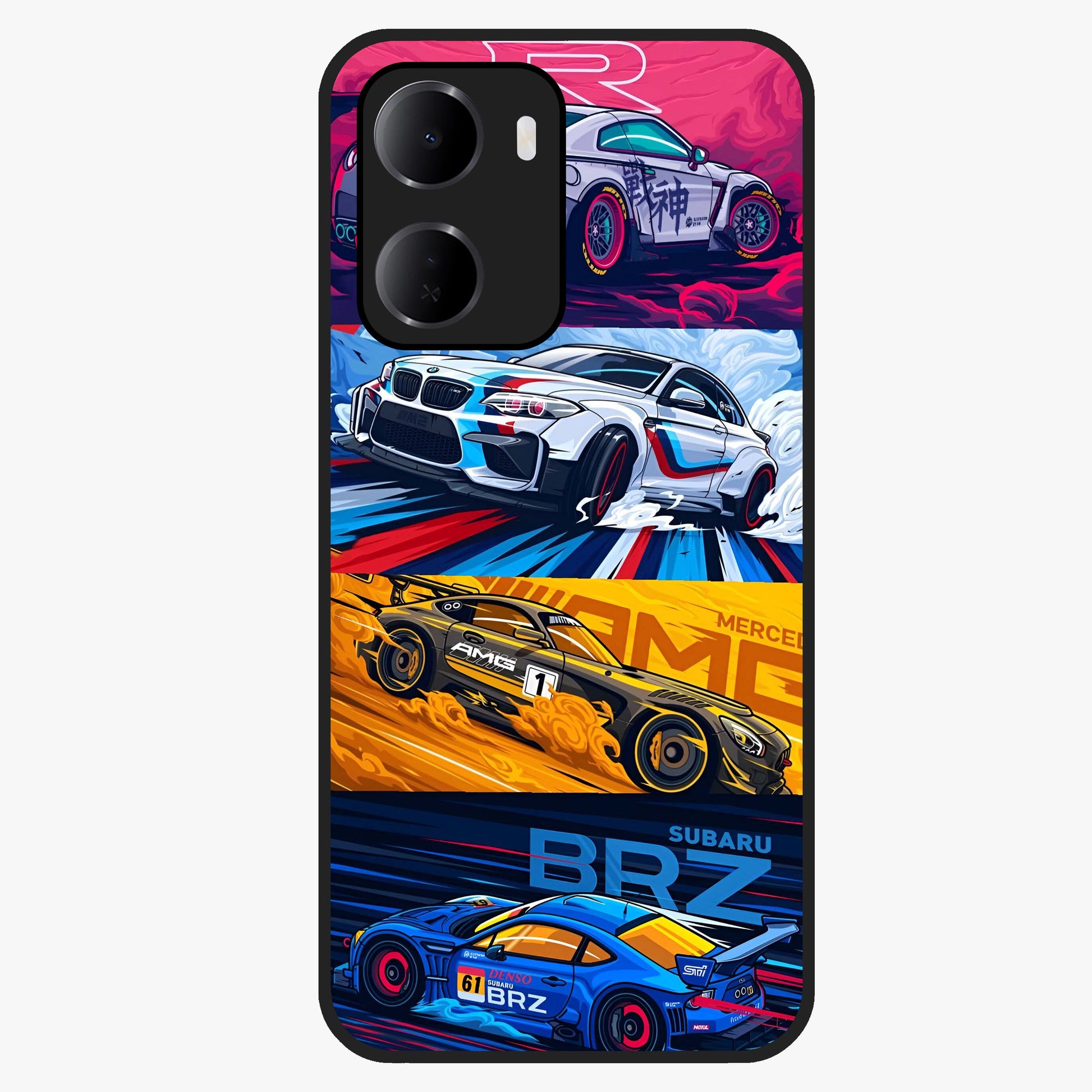 JDM Sports Car Glass Case showing flat back view with high performance sports car artwork and glossy glass finish.