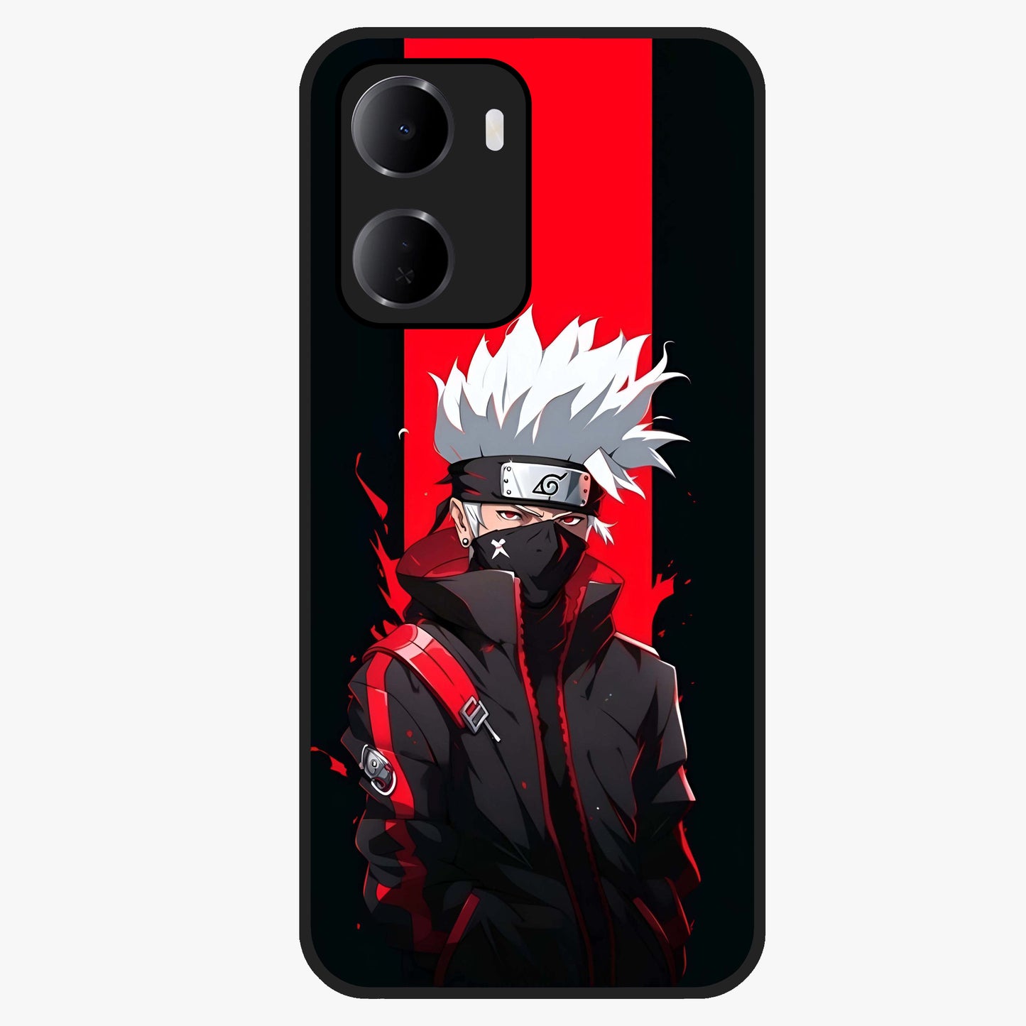 Kakashi Scarlet Shadow Glass Case showing flat back view with powerful anime ninja artwork and glossy glass finish.