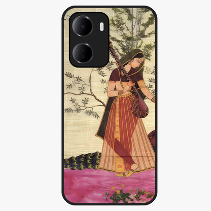 Lady With Veena Art Glass Case showing flat back view with elegant woman playing veena artwork and glossy glass finish.