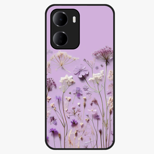 Lavender Blossom Dream Glass Case showing flat back view with soft lavender floral artwork and glossy glass finish.