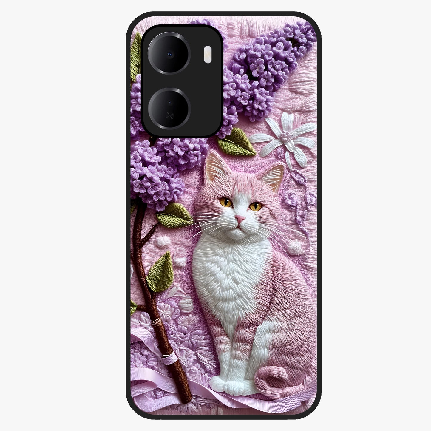 Lavender Cat Whimsy Glass Case showing flat back view with cute lavender cat artwork and glossy glass finish.