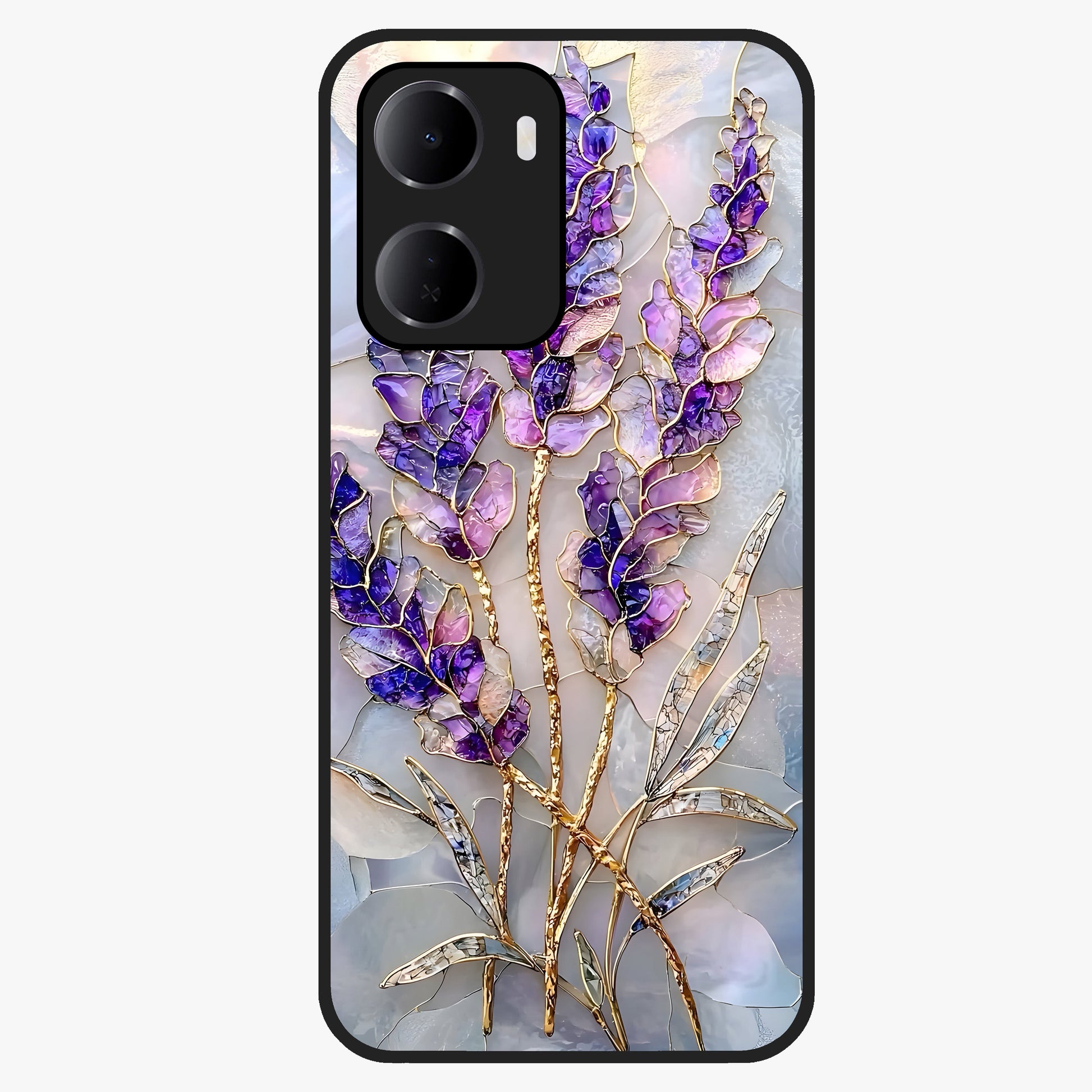 Lavender Dream Glow Glass Case showing flat back view with glowing lavender aesthetic artwork and glossy glass finish.