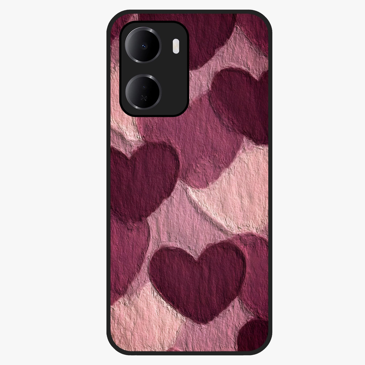 Layered Paper Hearts Glass Case showing flat back view with layered paper heart artwork and glossy glass finish.