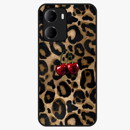 Leopard Wild Cherry Glass Case showing flat back view with leopard pattern and cherry artwork and glossy glass finish.