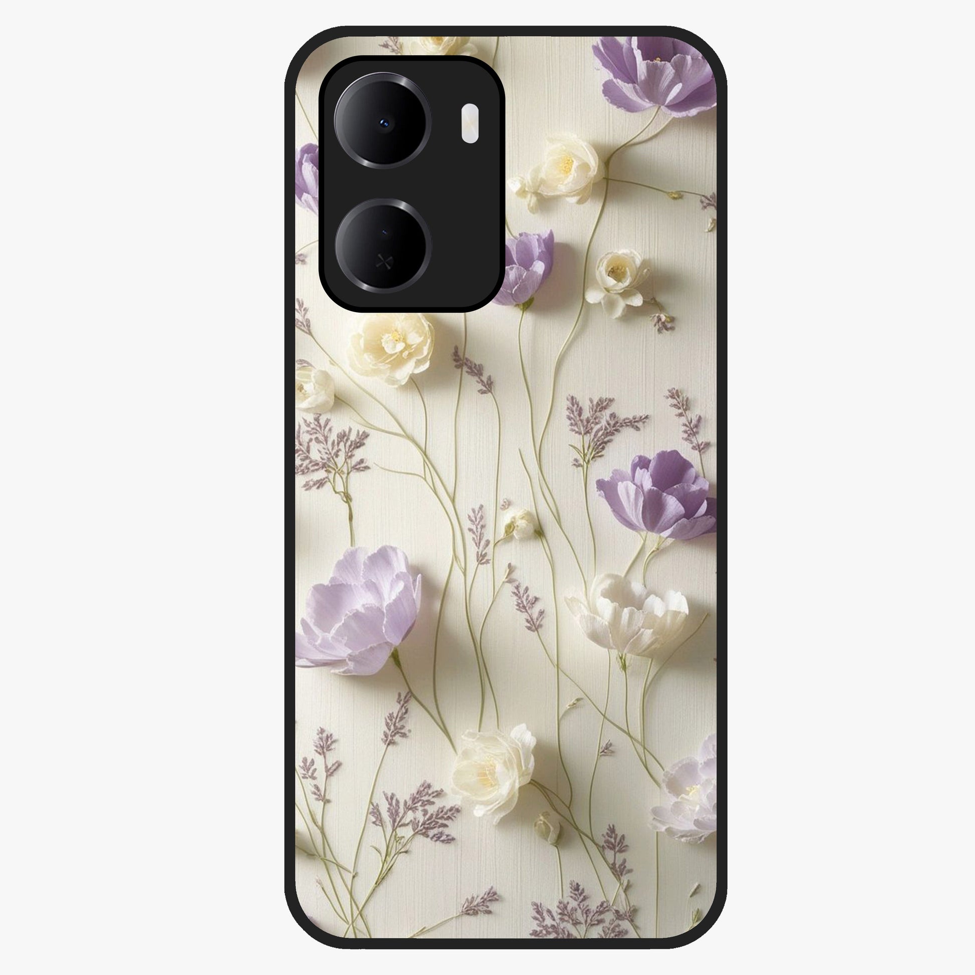 Lilac Breeze Harmony Glass Case showing flat back view with soft lilac themed artwork and glossy glass finish.