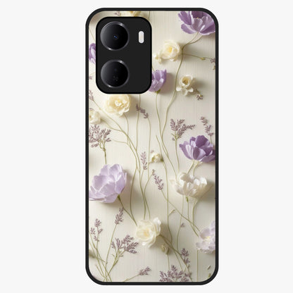 Lilac Breeze Harmony Glass Case showing flat back view with soft lilac themed artwork and glossy glass finish.
