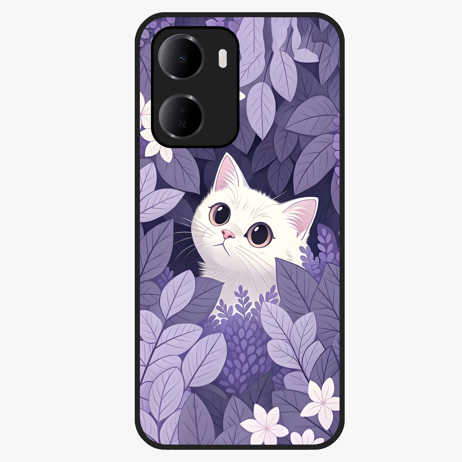 Lilac Hide Peek Cat Glass Case showing flat back view with cute peeking cat artwork and glossy glass finish.