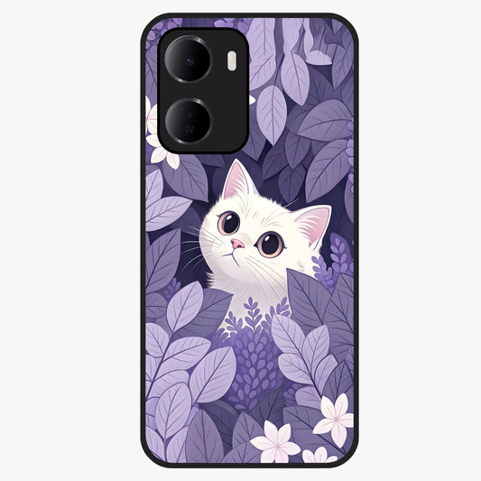 Lilac Hide Peek Cat Glass Case showing flat back view with cute peeking cat artwork and glossy glass finish.