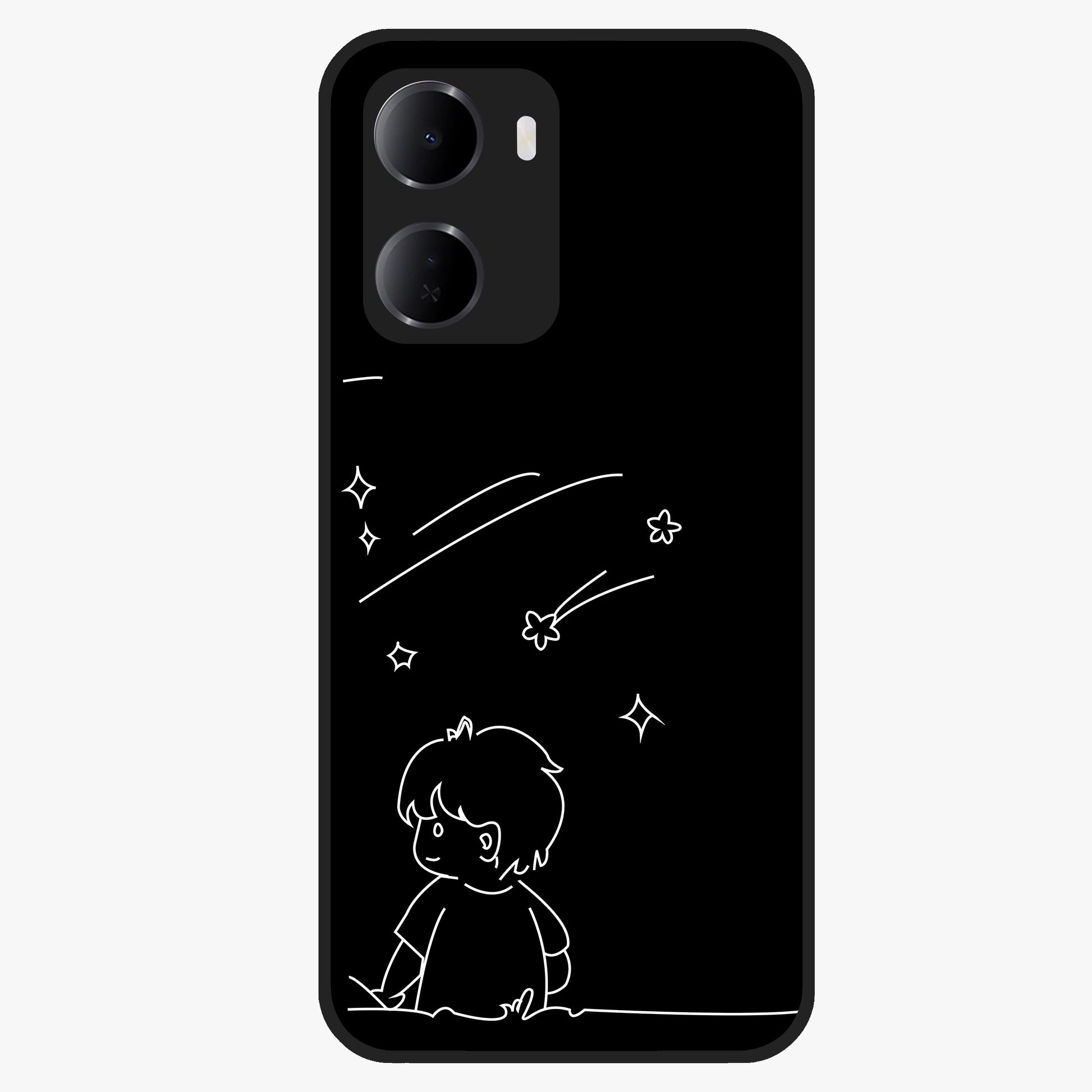 Line Art Boy With Shooting Stars Glass Case showing flat back view with minimal line art boy and shooting stars illustration and glossy glass finish.