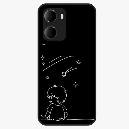 Line Art Boy With Shooting Stars Glass Case showing flat back view with minimal line art boy and shooting stars illustration and glossy glass finish.