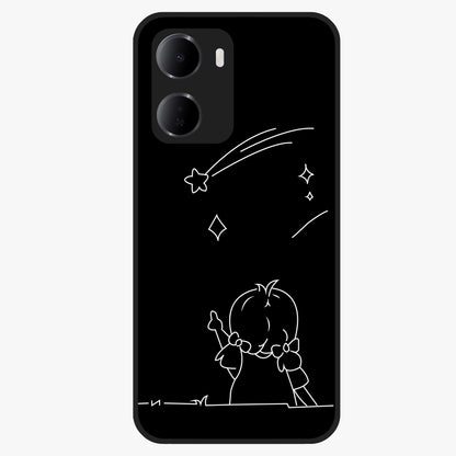 Line Art Girl With Shooting Stars Glass Case showing flat back view with minimal line art girl and shooting stars illustration and glossy glass finish.