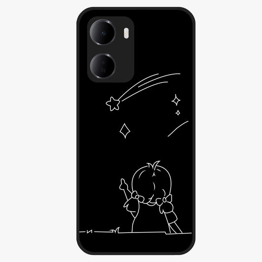 Line Art Girl With Shooting Stars Glass Case showing flat back view with minimal line art girl and shooting stars illustration and glossy glass finish.