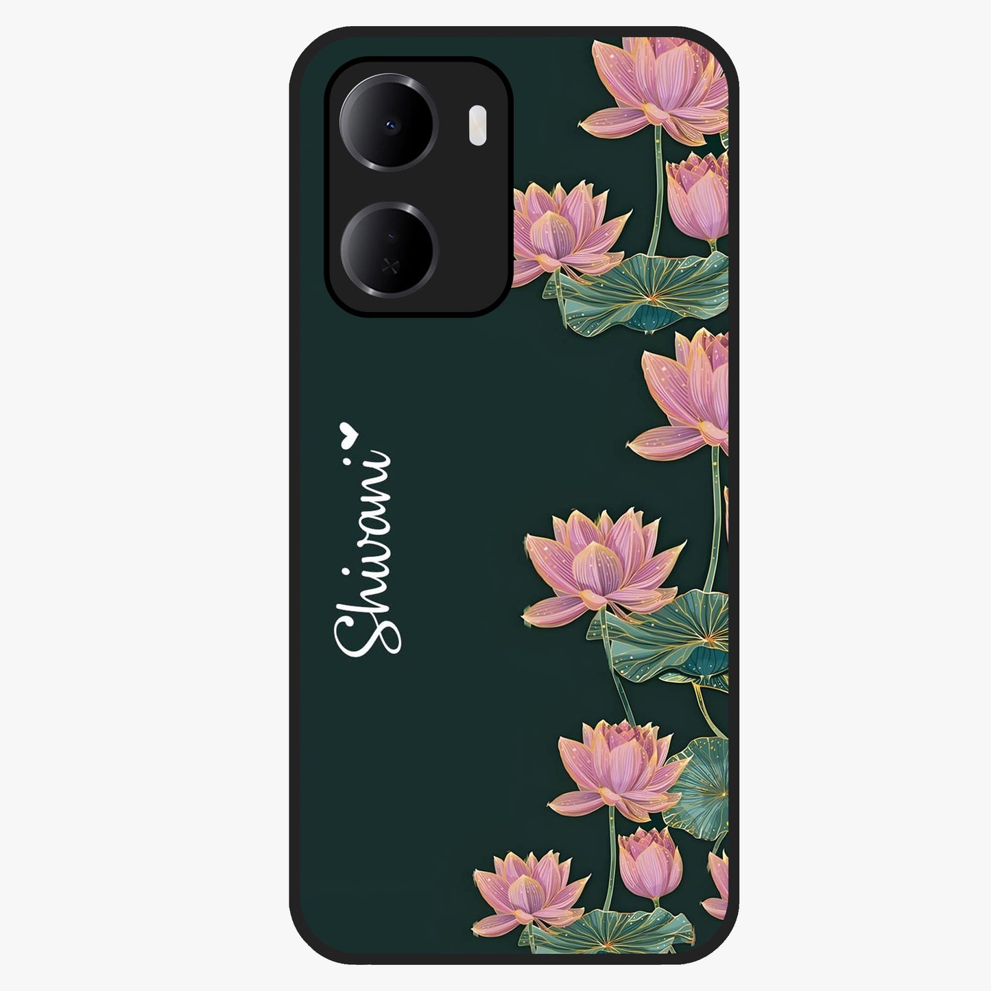 Lotus Bloom Serenity Custom Name Glass Case showing flat back view with elegant lotus flower artwork and personalized name design.
