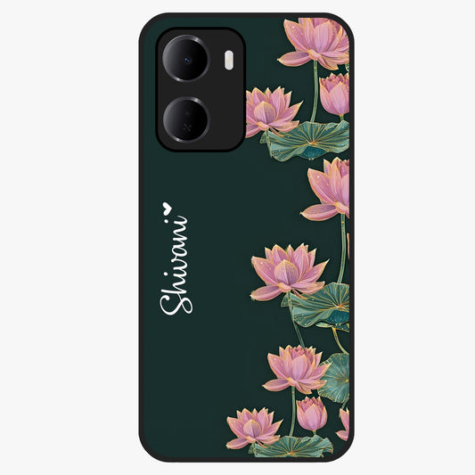 Lotus Bloom Serenity Custom Name Glass Case showing flat back view with elegant lotus flower artwork and personalized name design.