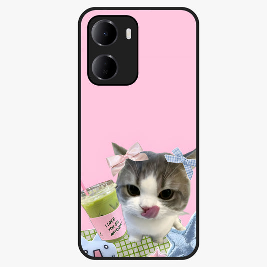 Love Matcha Cat Glass Case showing flat back view with cute cat and matcha themed artwork and glossy glass finish.
