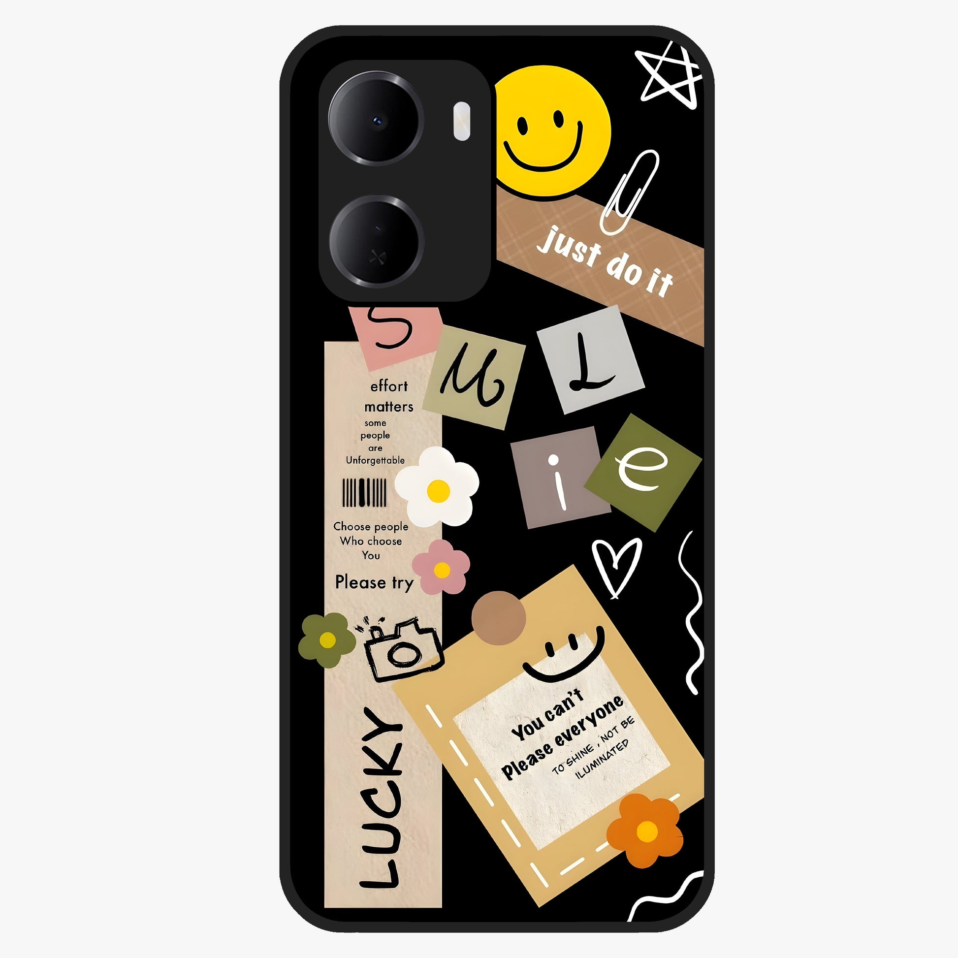 Lucky Aesthetic Collage Glass Case showing flat back view with trendy aesthetic collage artwork and glossy glass finish.