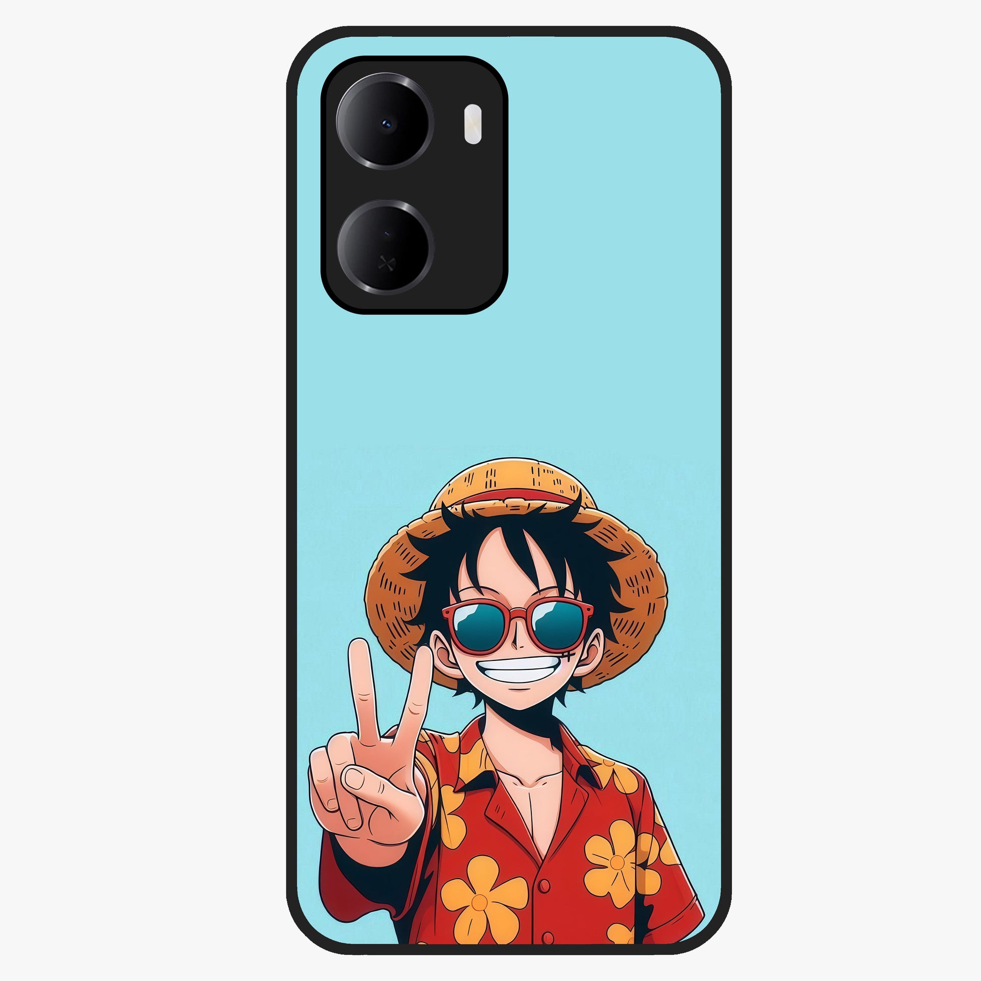 Luffy Summer Anime Vibe Glass Case showing flat back view with vibrant anime character artwork and glossy glass finish.