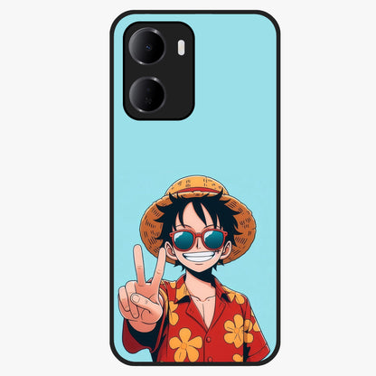 Luffy Summer Anime Vibe Glass Case showing flat back view with vibrant anime character artwork and glossy glass finish.