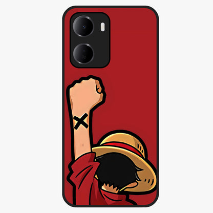 Luffy X Spirit Glass Case showing flat back view with bold anime character artwork and glossy glass finish.