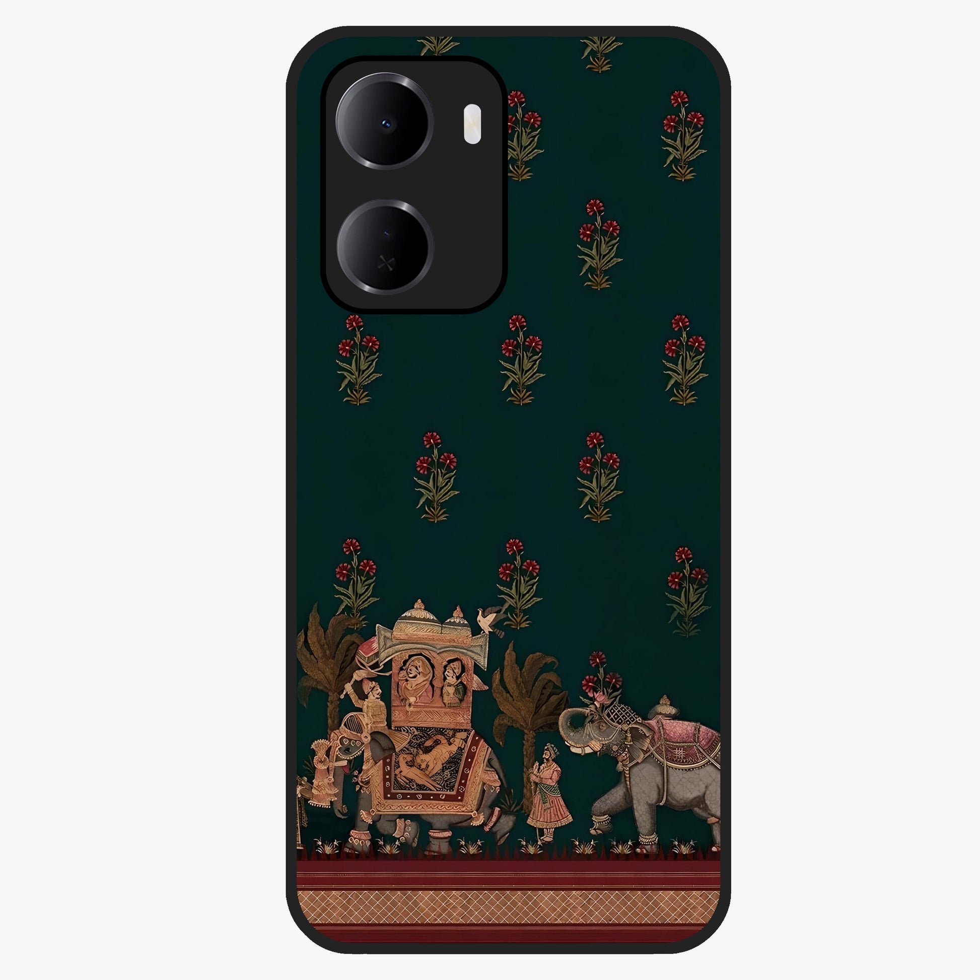 Macmerise Glass Case showing flat back view with stylish modern artwork and glossy glass finish.
