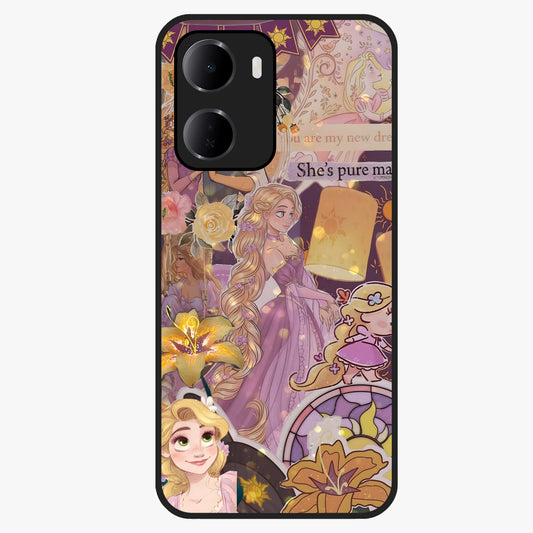 Magical Tangled Dream Glass Case showing flat back view with dreamy tangled artwork and glossy glass finish.
