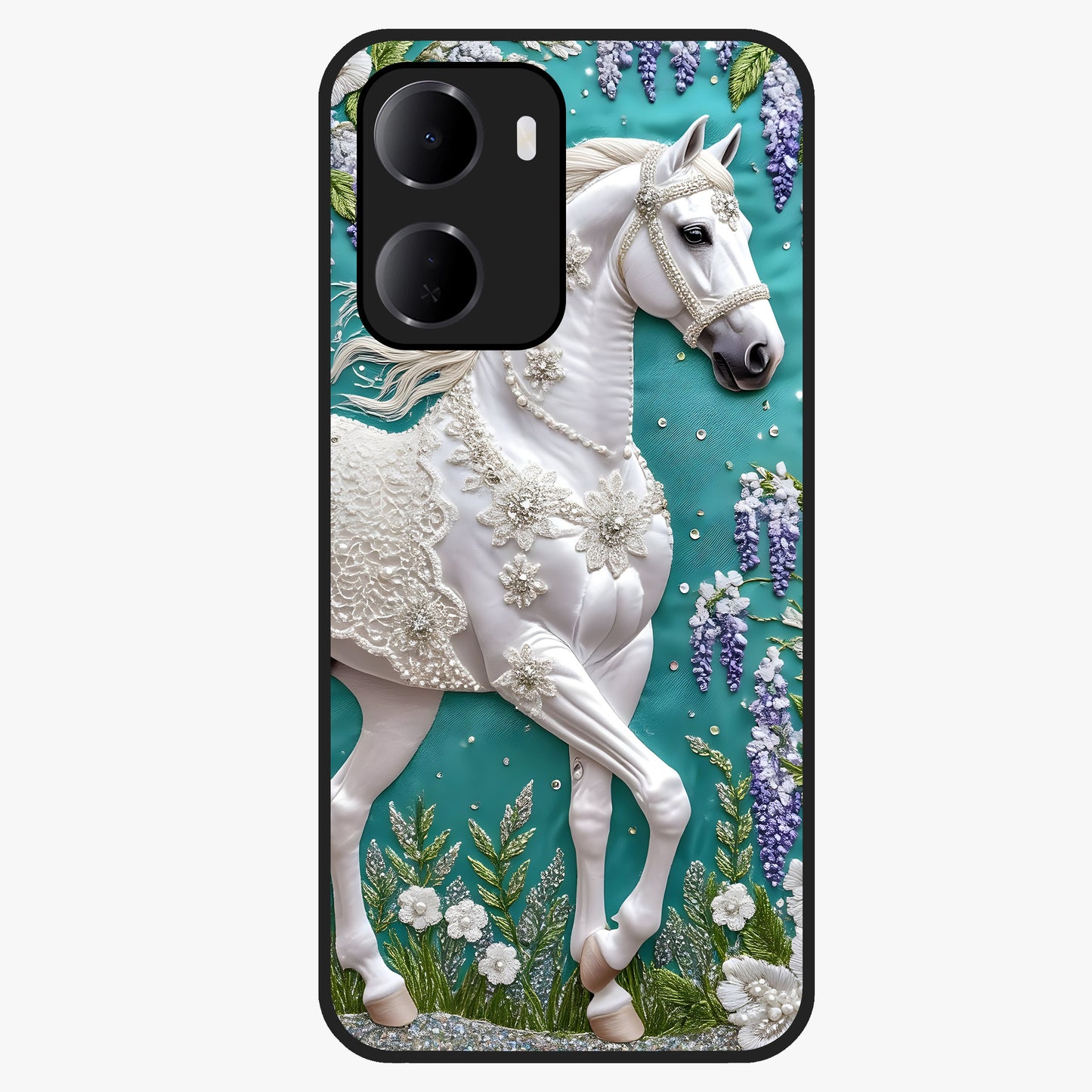 Majestic Floral Stallion Glass Case showing flat back view with powerful horse and floral artwork and glossy glass finish.