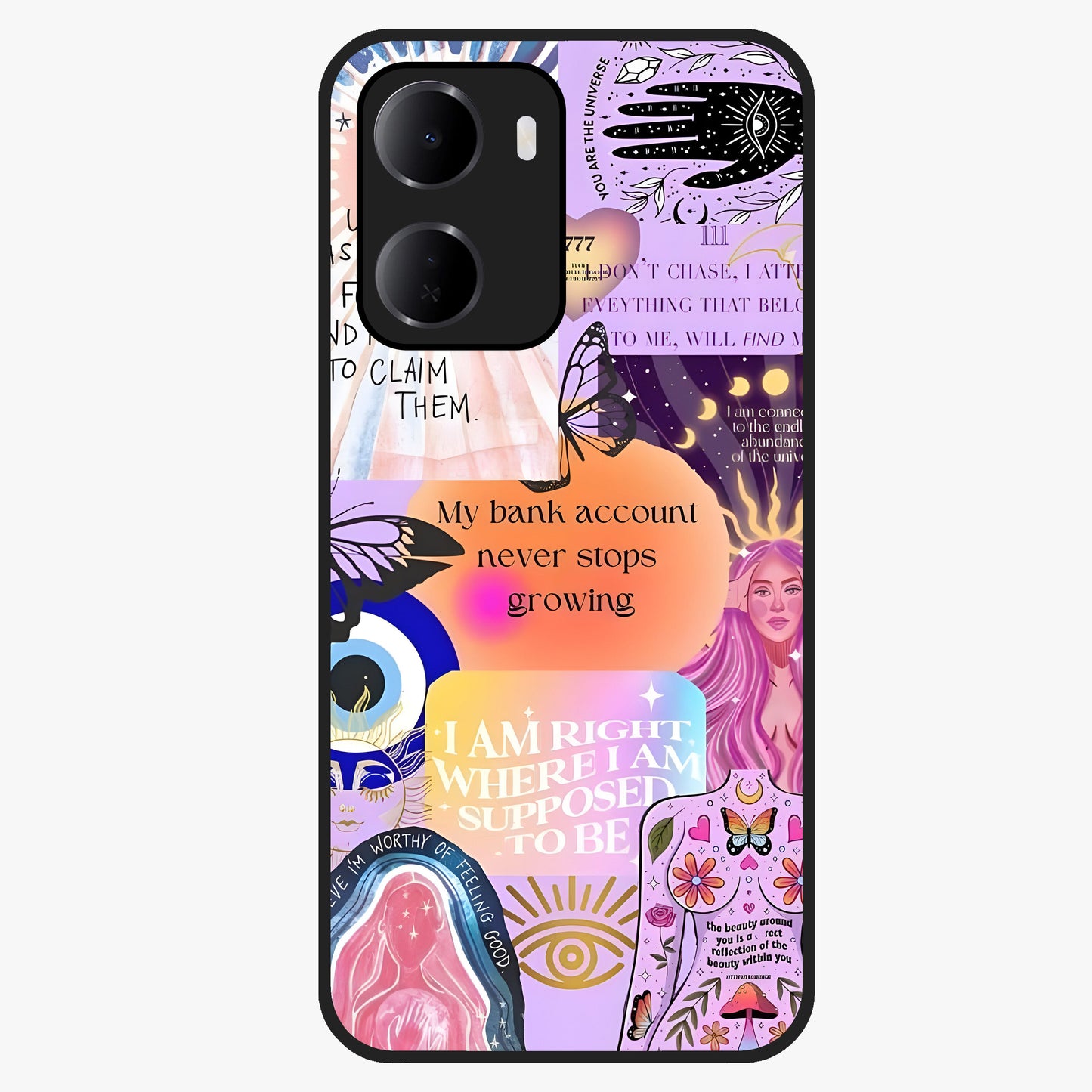 Manifestation Collage Glass Case showing flat back view with motivational collage artwork and glossy glass finish.