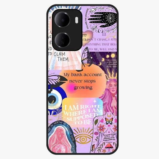Manifestation Collage Glass Case showing flat back view with motivational collage artwork and glossy glass finish.