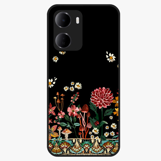 Midnight Bloom Pattern Glass Case showing flat back view with dark floral pattern artwork and glossy glass finish.
