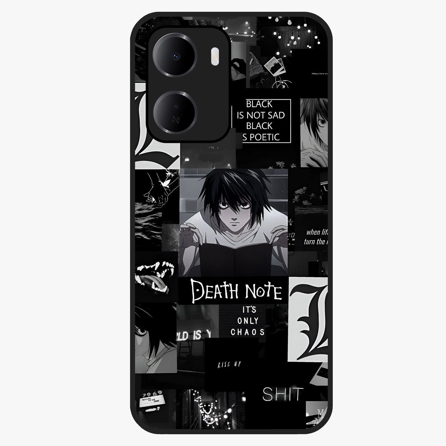 Midnight Chaos Mind Glass Case showing flat back view with abstract dark themed artwork and glossy glass finish.
