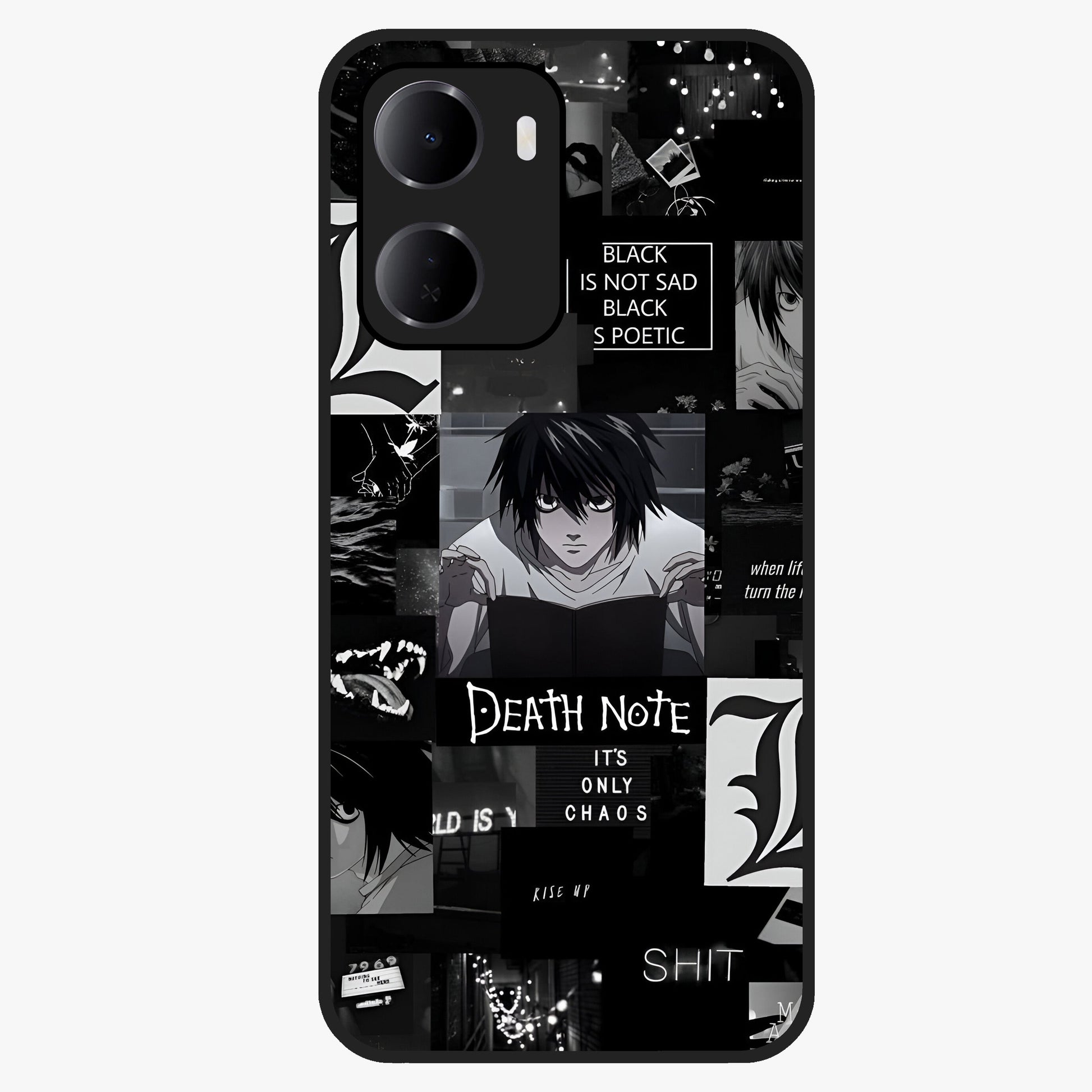 Midnight Chaos Mind Glass Case showing flat back view with abstract dark themed artwork and glossy glass finish.