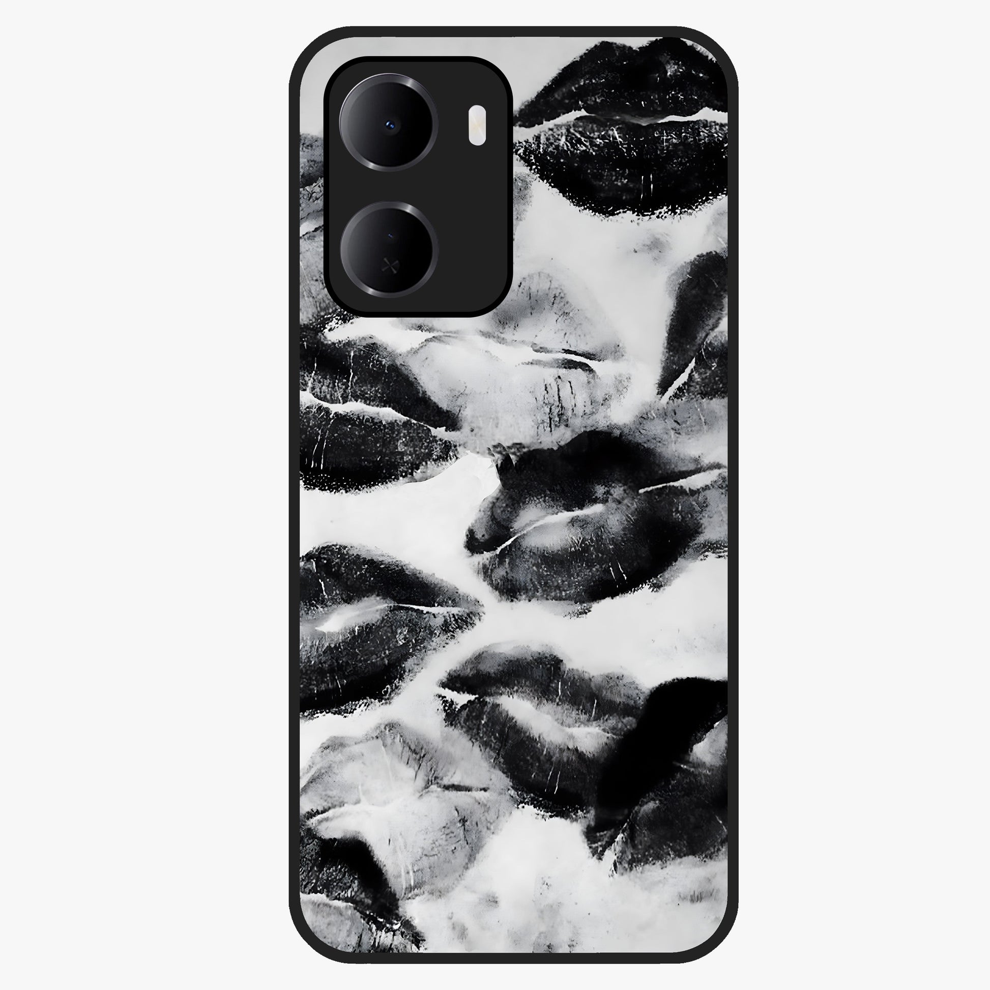Midnight Kiss Marks Glass Case showing flat back view with lipstick kiss mark artwork and glossy glass finish.