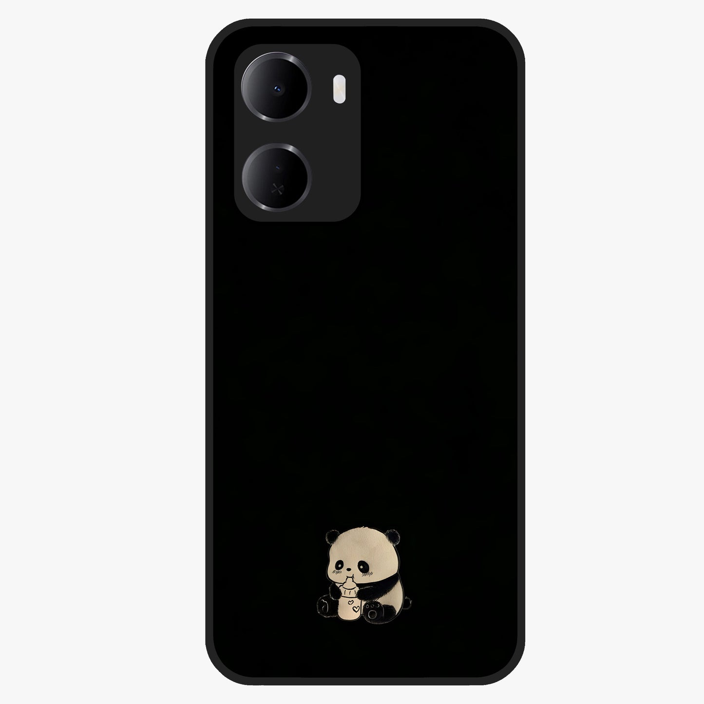 Midnight Panda Love Glass Case showing flat back view with cute panda themed artwork and glossy glass finish.