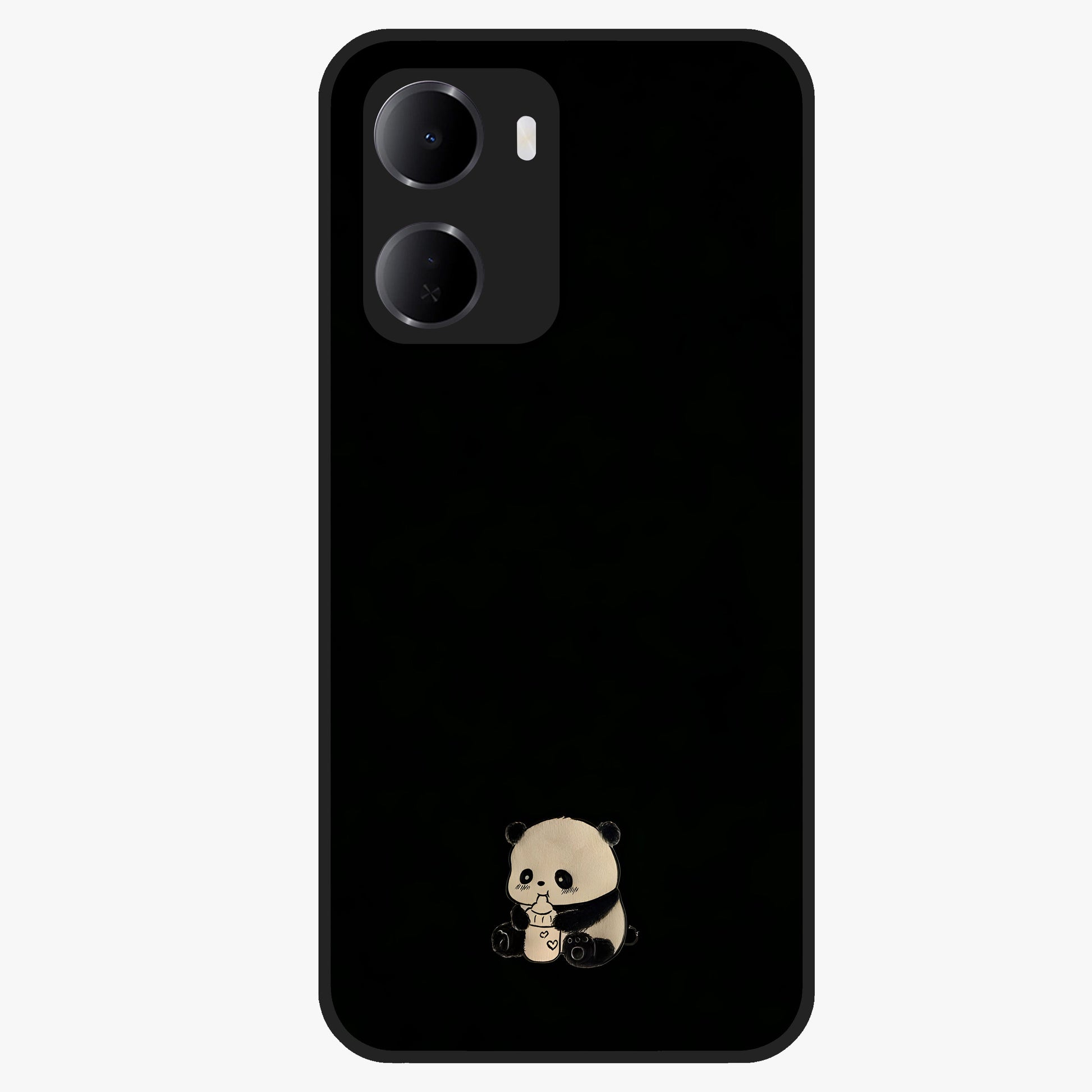 Midnight Panda Love Glass Case showing flat back view with cute panda themed artwork and glossy glass finish.