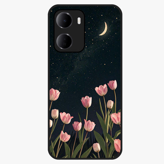 Midnight Tulip Whispers Vibe Glass Case showing flat back view with elegant tulip flower artwork and glossy glass finish.