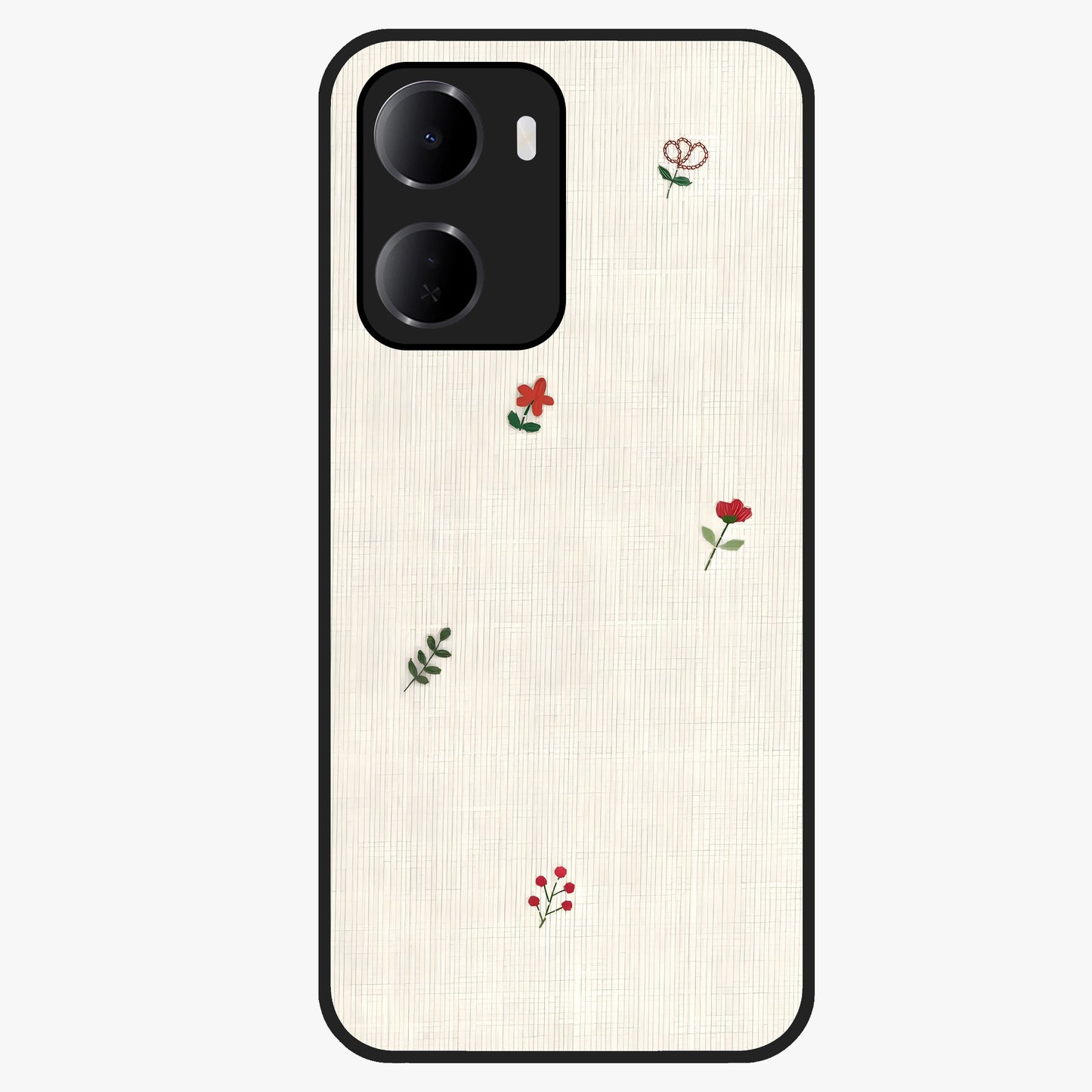 Minimal Petal Whispers Glass Case showing flat back view with soft minimal floral artwork and glossy glass finish.