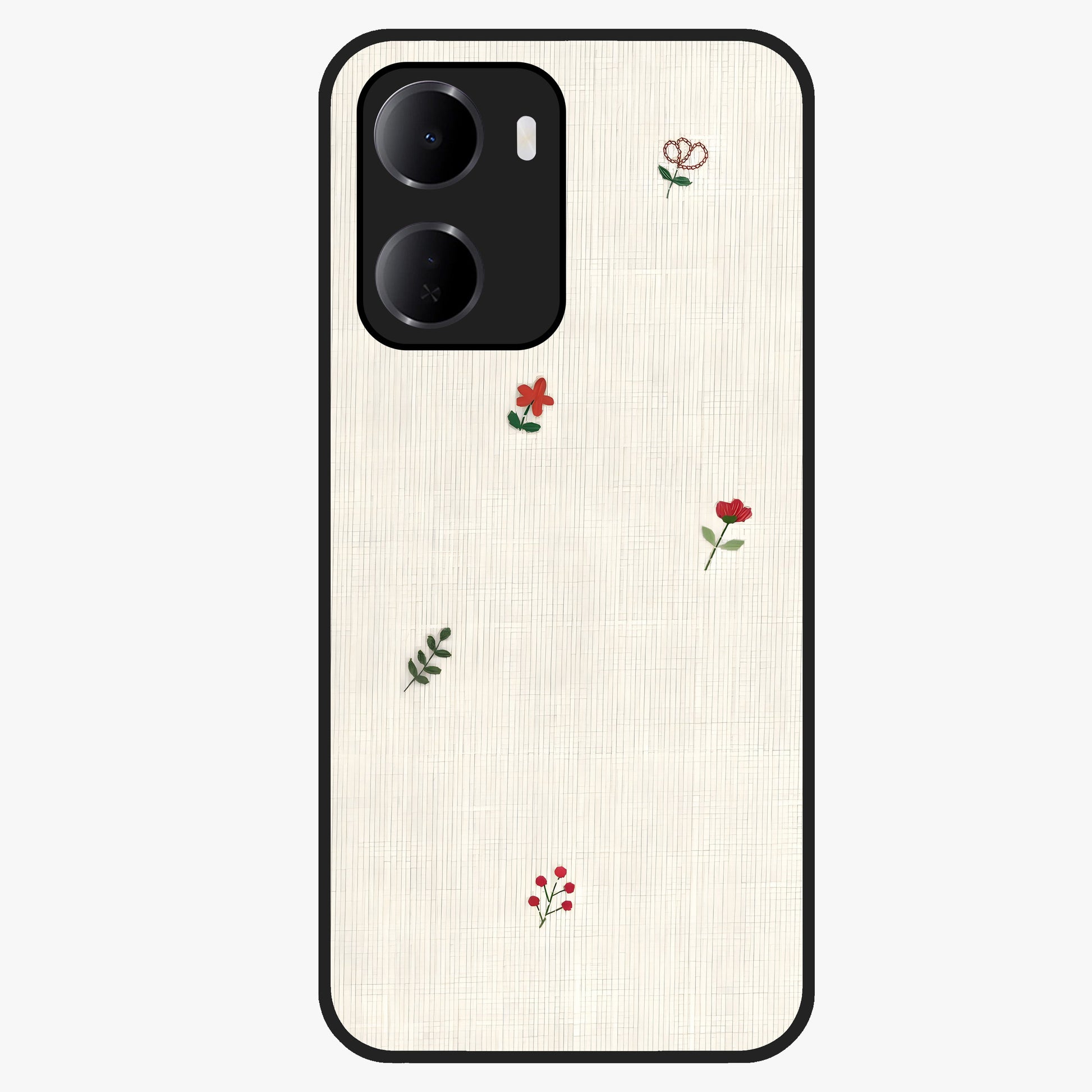 Minimal Petal Whispers Glass Case showing flat back view with soft minimal floral artwork and glossy glass finish.