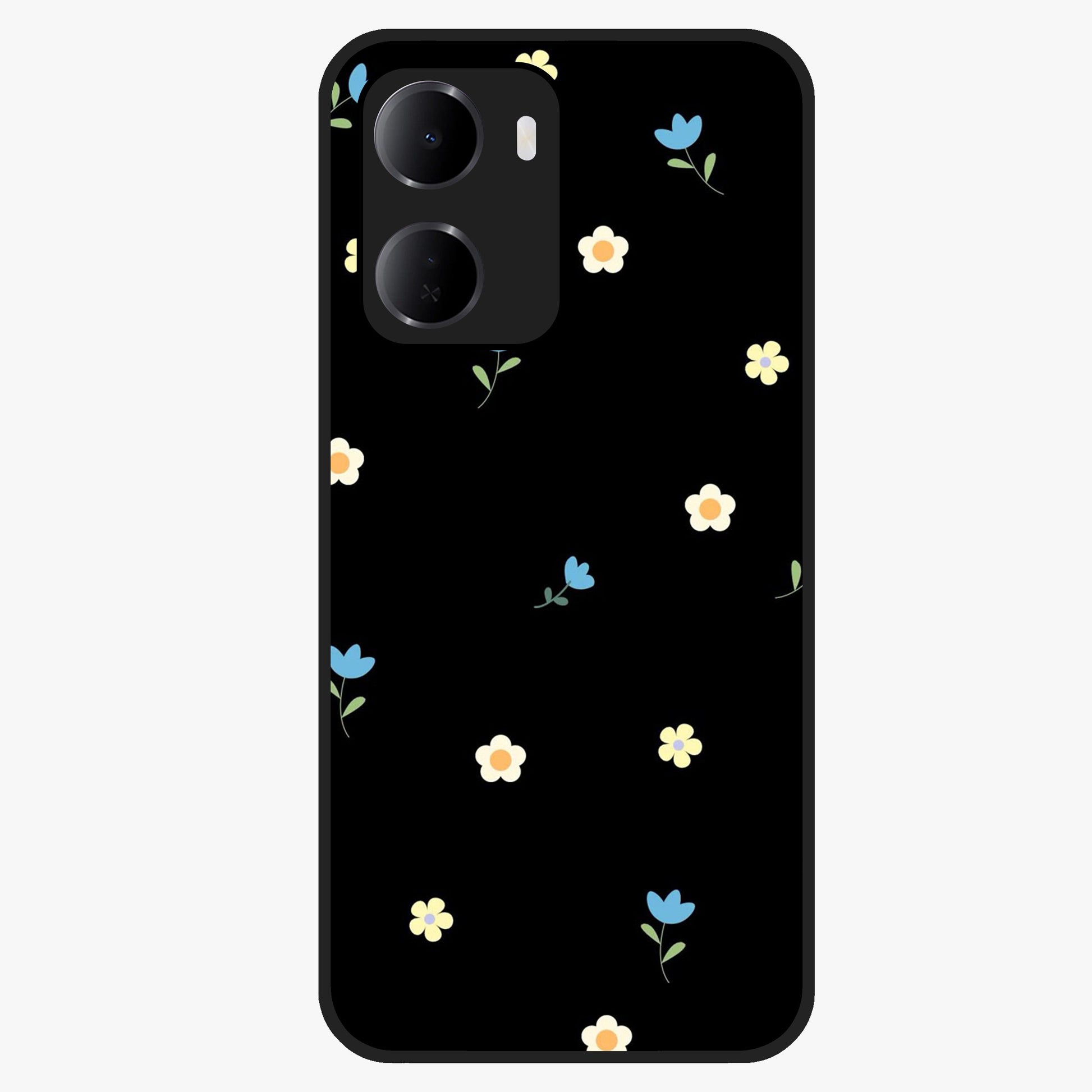 Minimalistic Blue With White Flower Pattern Glass Case showing flat back view with blue background and white flower pattern and glossy glass finish.
